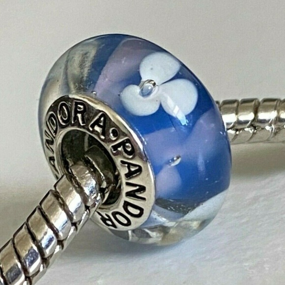 Pandora Jewelry - PANDORA Silver 925 ALE Murano Glass Screw Core White Flowers on Blue Bead